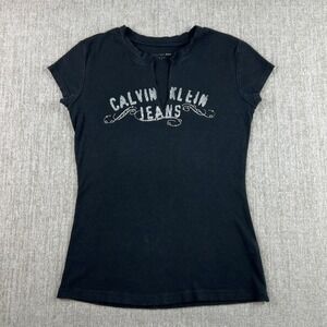 Y2K Calvin Klein Jeans Black Embellished Logo Tee Women's Medium T-Shirt Top